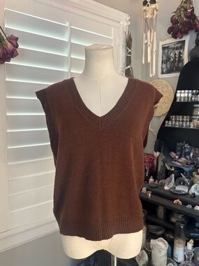 Brown V-Neck Knit Sweater Vest